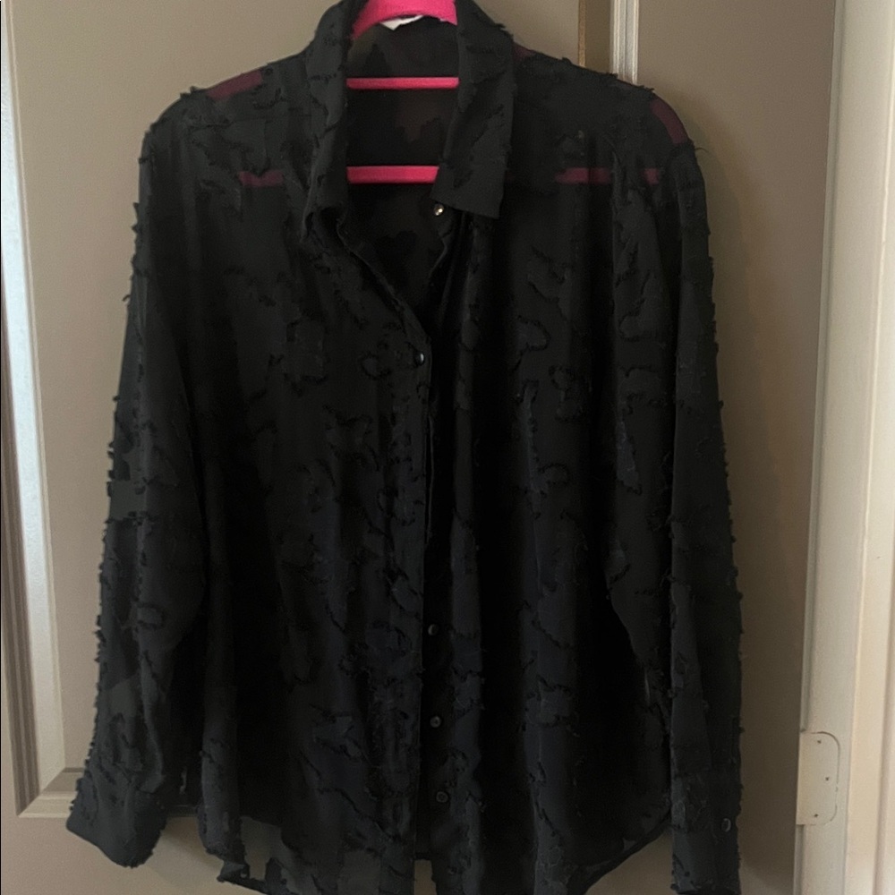 KappAhl Black Textured Sheer Button-Down Blouse | Chic Long Sleeve Top | Size M